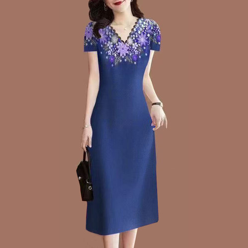 2025新款高档印花夏季女连衣裙V领短袖修身显瘦中长款妈妈礼服裙