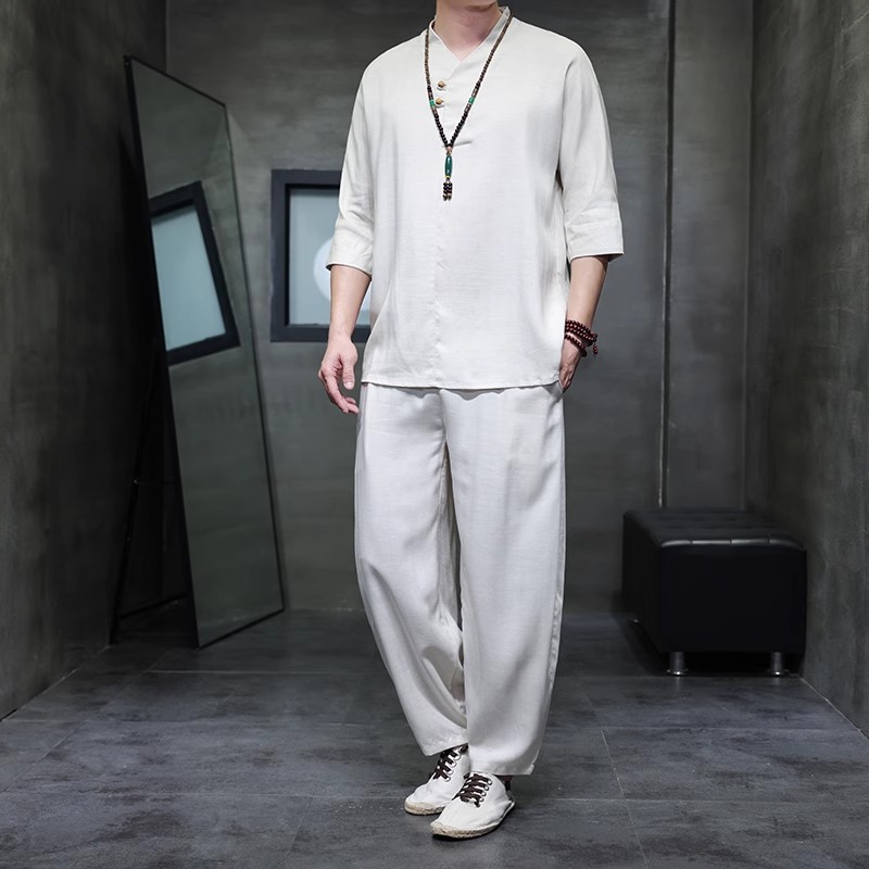 新中式佛系居士禅服套装男禅意打坐服棉麻禅修服高端修行汉服素衣