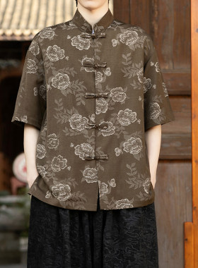 提花中式傣装男上衣中国风牛仔短袖盘扣衬衫民族成人傣族唐装衣服