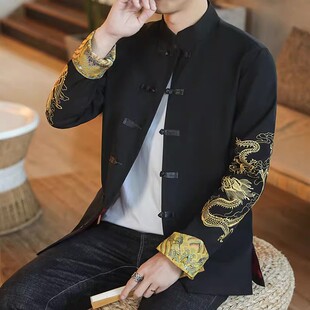 盘扣龙纹刺绣夹克复古汉服中式 秋冬季 立领外套 高端中国风唐装 男士