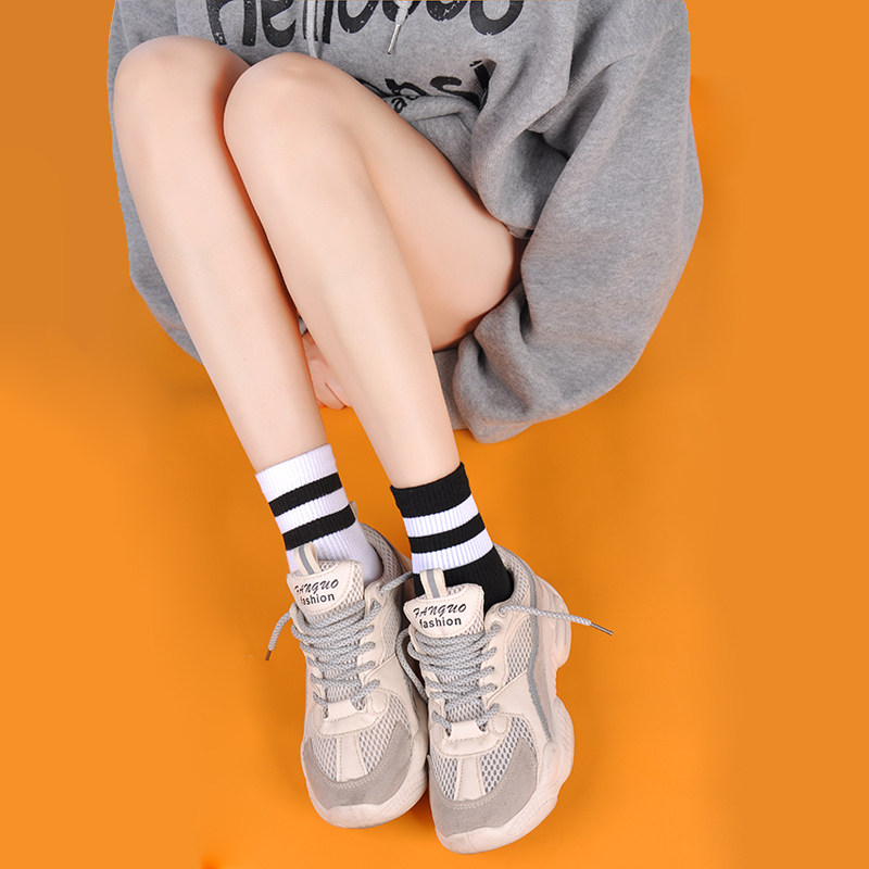黑白袜子女纯棉中筒袜春秋
