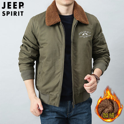jeepspirit冬季男士加绒加厚棉服外套宽松大码羊羔绒中老年棉袄