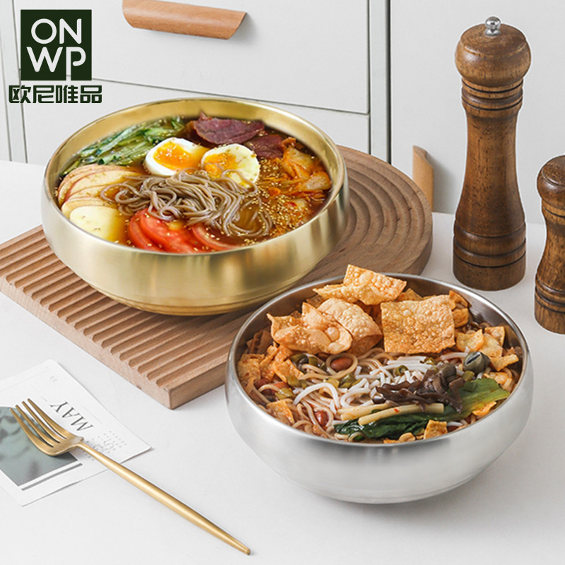 清仓韩式冷面碗锆金色拌饭碗双层不锈钢韩国料理耐高温防烫大号