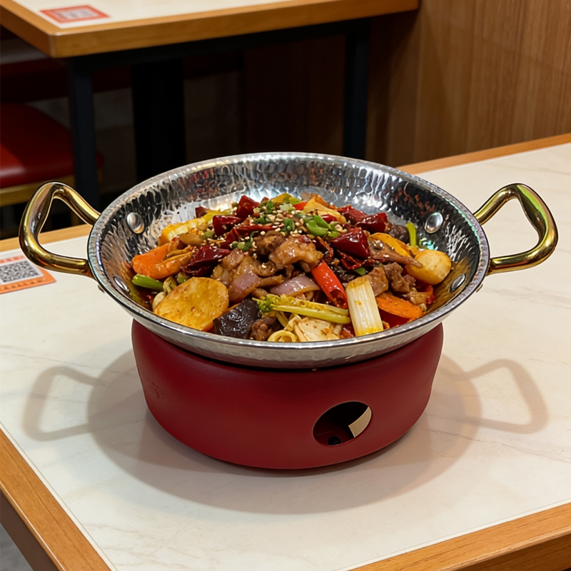 高档锤纹干锅套装304不锈钢蔬菜锅餐厅海鲜锅酒精炉湘菜麻辣香锅