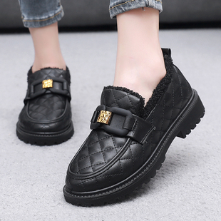 厚底乐福鞋女冬季2024新款加绒保暖棉鞋豆豆鞋英伦风懒人鞋一脚蹬