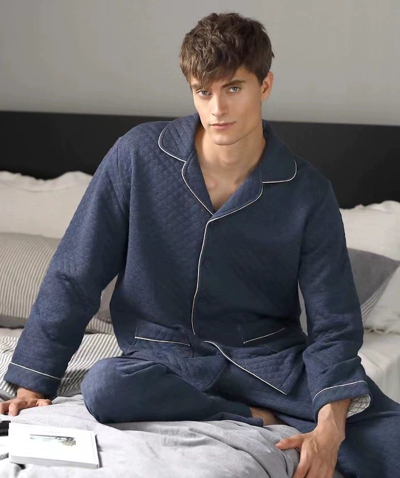 达尔丽男士冬季三层夹层棉长袖长裤简约休闲翻领家居服套装保暖