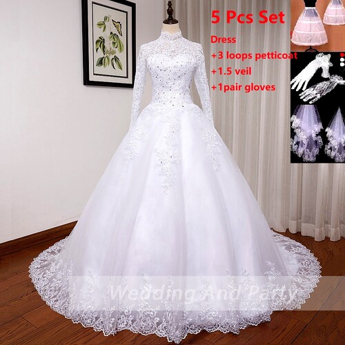 Princess Wedding Dress ball gown plus size O neck long sleev