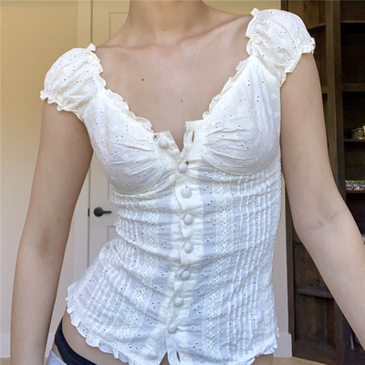 Dourbesty Kawaii White Corset Top 2000s T-Shirts Lace Trim V