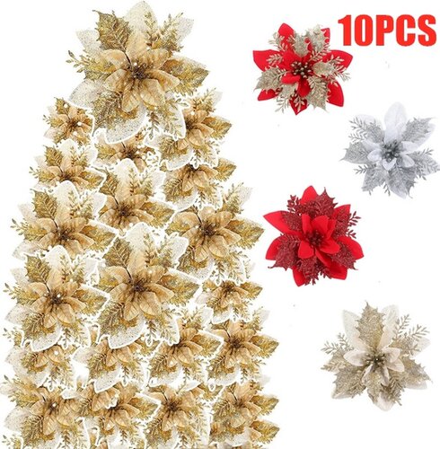 5pcs Artificial Christmas Flowers Glitter Fake Flowers Merry
