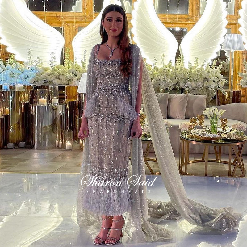 Bling Gray Mermaid Arabic Evening Dress with Cape Luxury Fea 女装/女士精品 连衣裙 原图主图