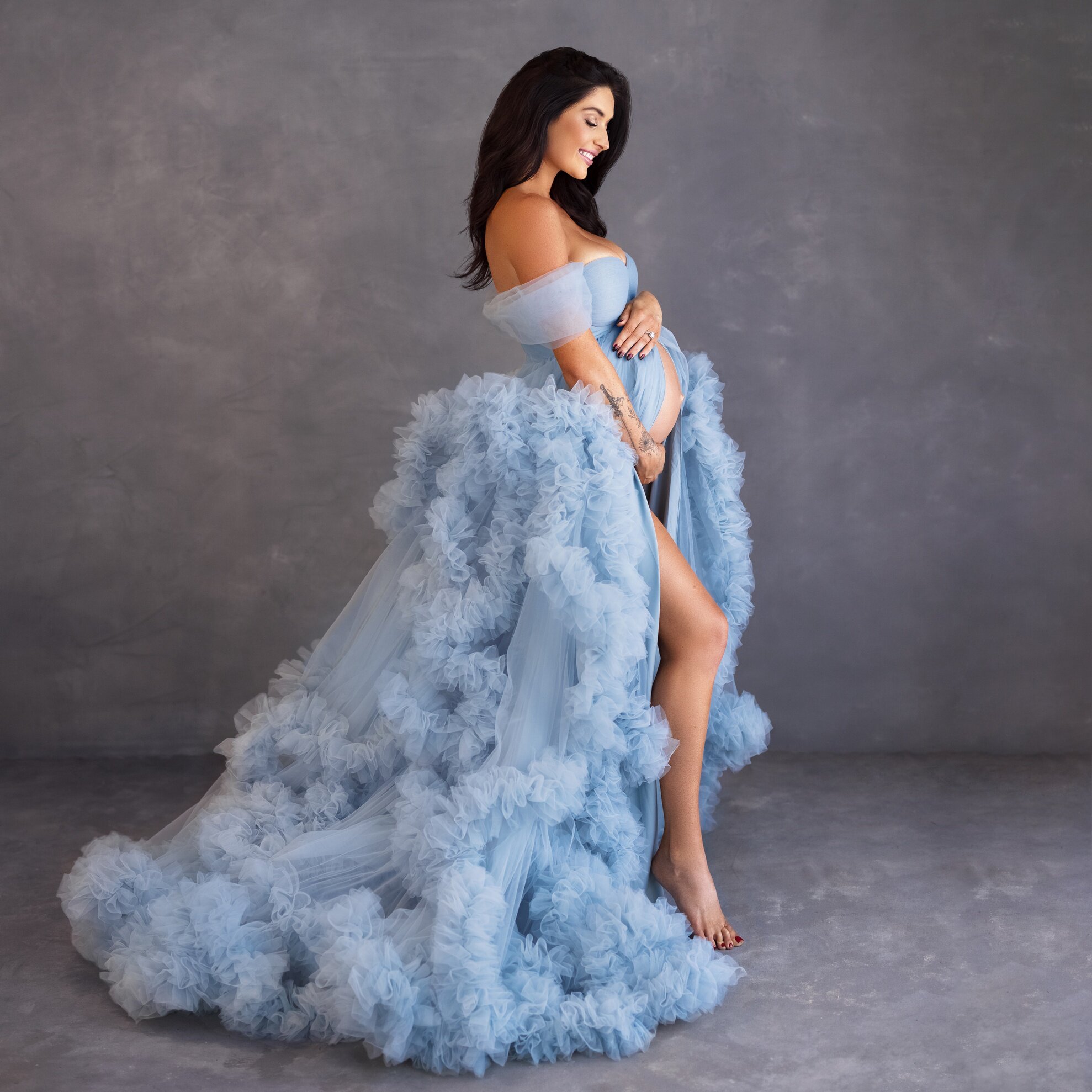 Light Sky Blue Prom Dresses for Pregnant Women Tiered Ruffle图片