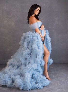Light Sky Blue Prom Dresses for Pregnant Women Tiered Ruffle
