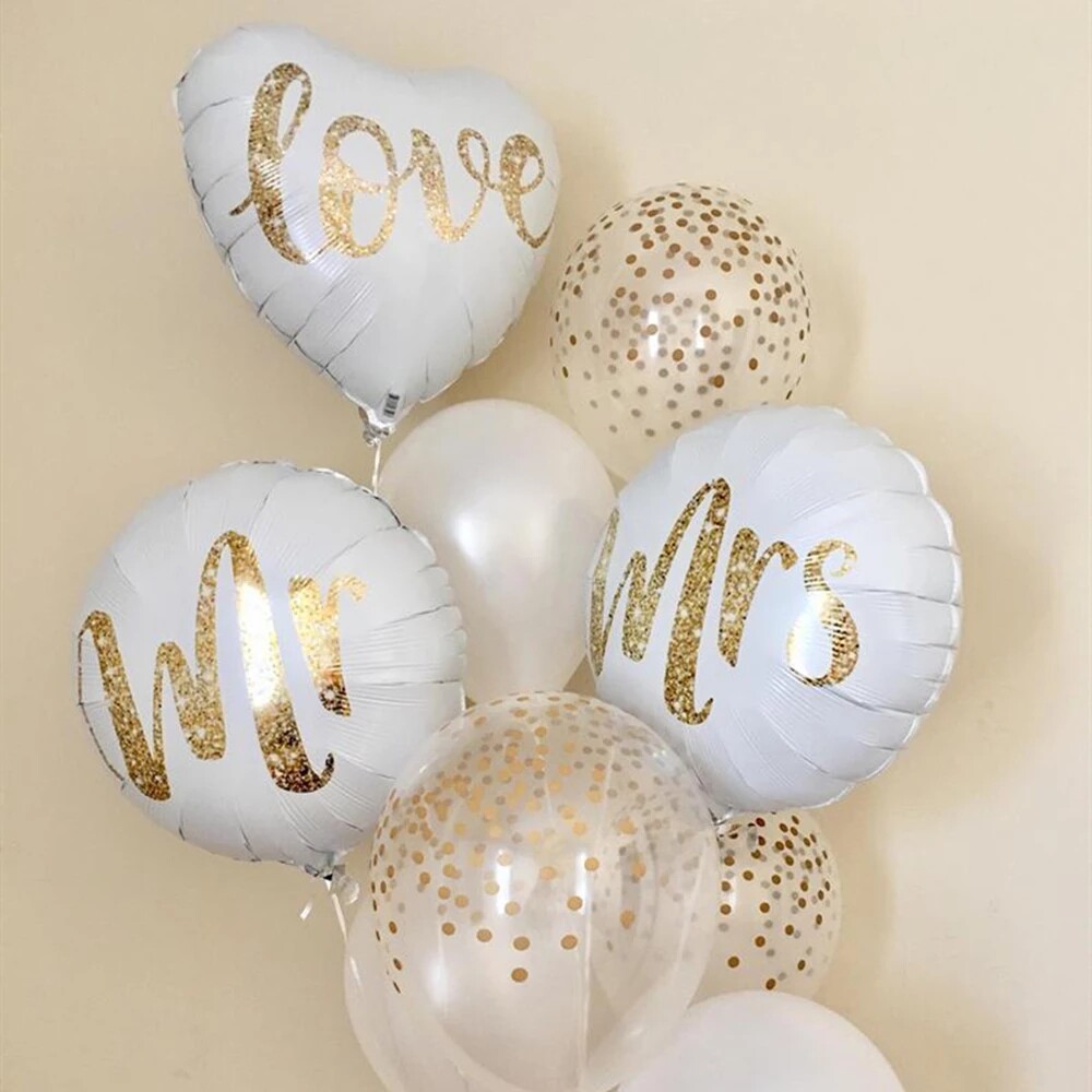 18inch round white gold glitter print mr&mrs love foil ballo