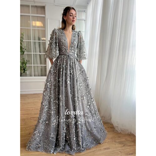 Lorrtta V-neck Wedding Party Evening Dress Grey Ball Female