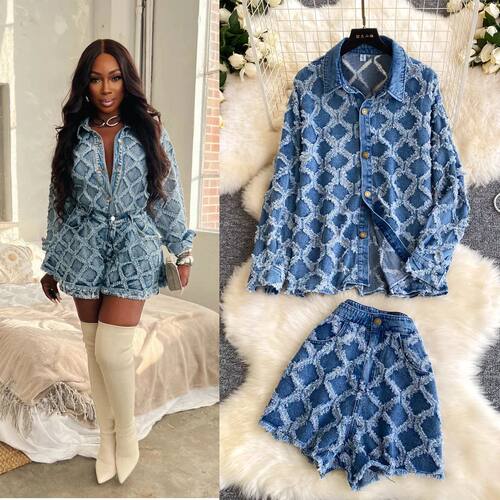 Two Pieces Women Short Set Denim Matching Set Button Pocket