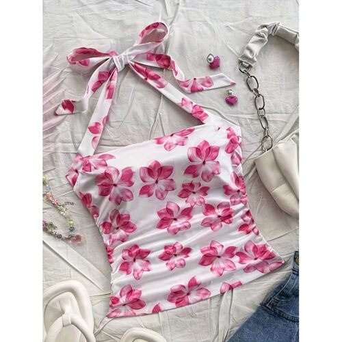 Women's summer short top, pink floral camisole vest, suitabl