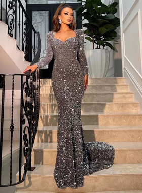 YIDINGZS Stretch Sequined Maxi Dress Full Sleeve V Neck Merm