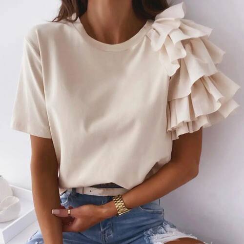 Pure Color T-Shirts Women Short Sleeve Tops Casual Flounce E