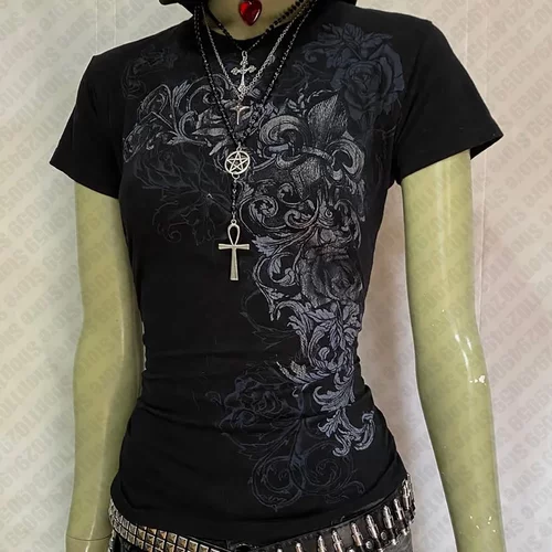 Y2k Style Clothes Graphic Tee Print Baby Tees Slim Crop Tops