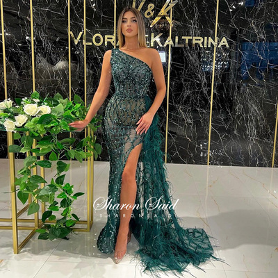 Luxury Feather One Shoulder Emerald Green Mermaid Prom Dress