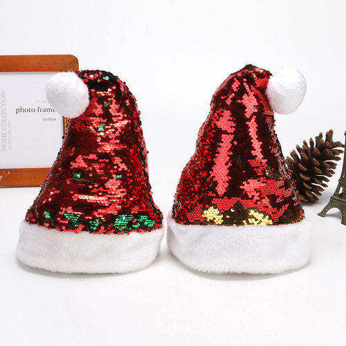 Christmas Hat Flip Sequin Short Plush Xmas Hat Noel Shiny Na