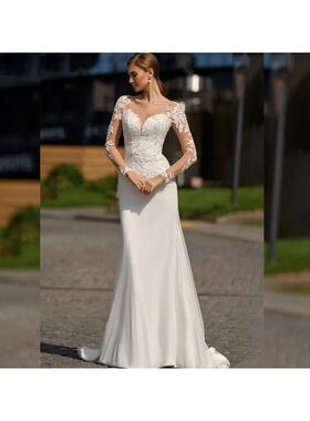 Beach Long Sleeve Mermaid Wedding Dress Sheer O-neck Lace Ap