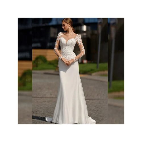 Beach Long Sleeve Mermaid Wedding Dress Sheer O-neck Lace Ap