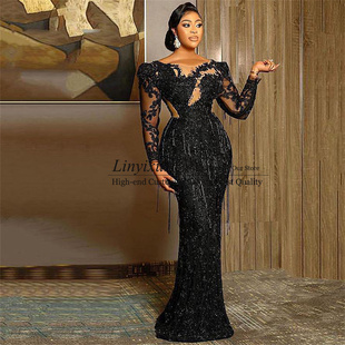 Dress Appliques Sequin Shinny Beading Prom And Black Mermaid