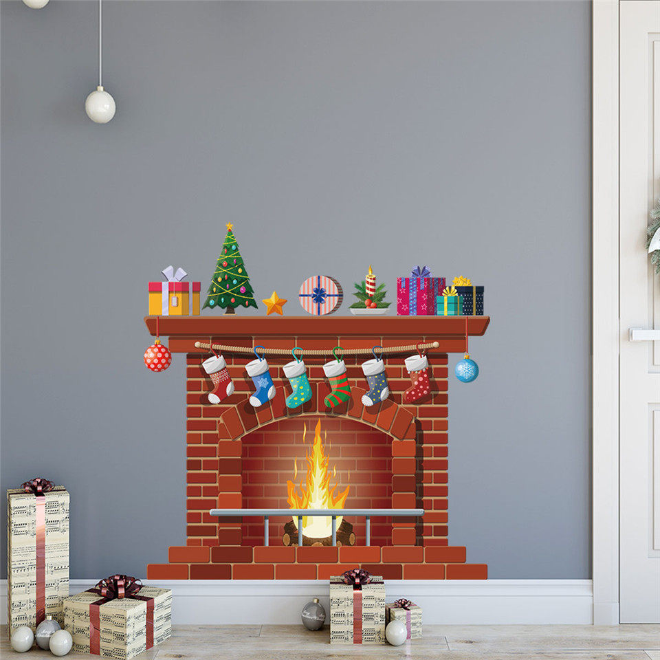 christmas fireplace wall sticker peel & stick vinyl wallpape