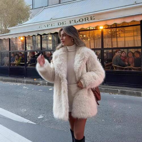 Furry Coat Women Warm Long Sleeve Loose Jacket Turn Down Col