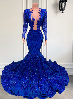 Long Elegant Prom Dresses 2022 Long Sleeve Sheer O-neck Merm