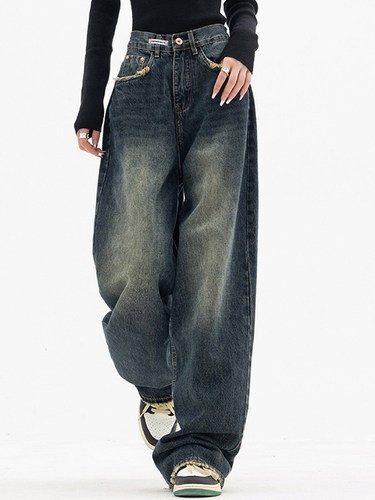 Y2K Women Vintage Streetwear Korean Baggy Blue Jeans High Wa