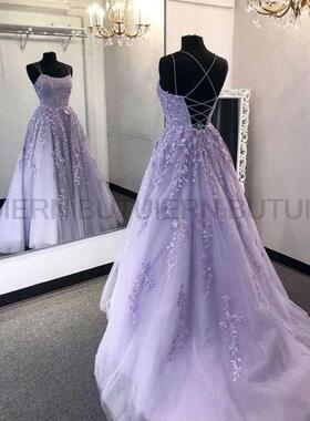 2022 Lilac Lace Prom Dresses Spaghetti Straps Vestido De Fie