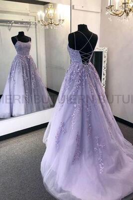 2022 Lilac Lace Prom Dresses Spaghetti Straps Vestido De Fie