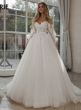 LORIE Glitter Wedding Dresses Puff Sleeve Appliques Lace 3D