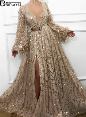 Sexy Slit Gold Evening Dresses 2022 Latest Fashion Sequins L