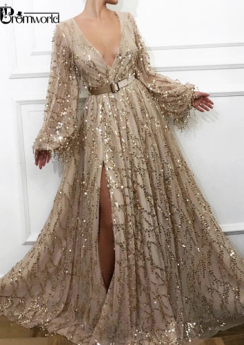 Sexy Slit Gold Evening Dresses 2022 Latest Fashion Sequins L