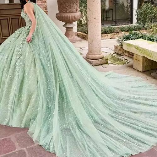 ANGELSBRIDEP Shiny Sage Green Quinceanera Dress With Cape Lu