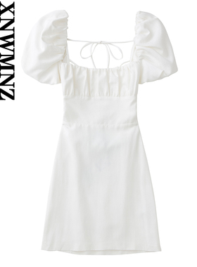 XNWMNZ women white fashion linen blend dress female square n