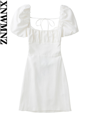 XNWMNZ women white fashion linen blend dress female square n