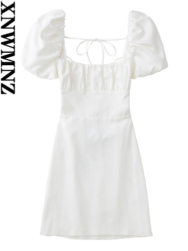 XNWMNZ women white fashion linen blend dress female square n