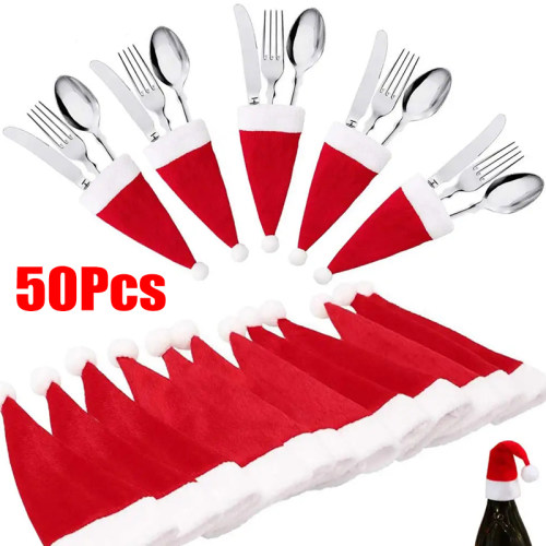 50pcs Mini Christmas Hat Tableware Holder Knife Fork Pocket