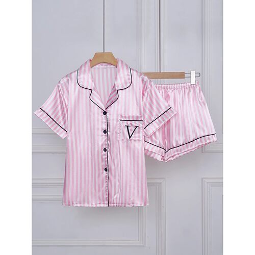 Striped Embroidered Letter Pocket Short Sleeve and Shorts Pa