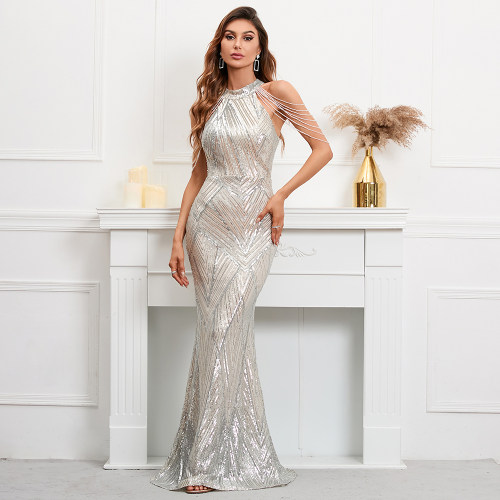 YIDINGZS Elegant Off Shoulder Silver Sequin Evening Dress Wo