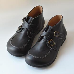 宽版真皮高帮勃肯一脚蹬复古软底大头交叉带小众丑萌外贸马丁短靴