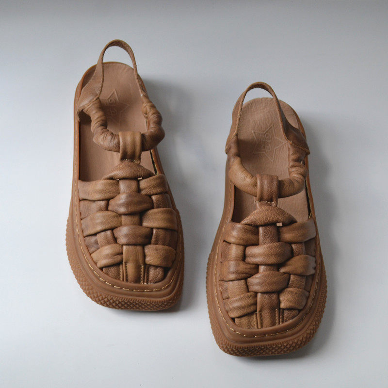 缝制复古手工凉拖女文艺丁字扣编织真皮全皮凉鞋外贸原单方头平底