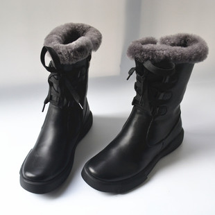 纯羊毛中筒显瘦雪地靴外贸原单复古高筒厚底大棉靴女鞋 真皮骑士靴