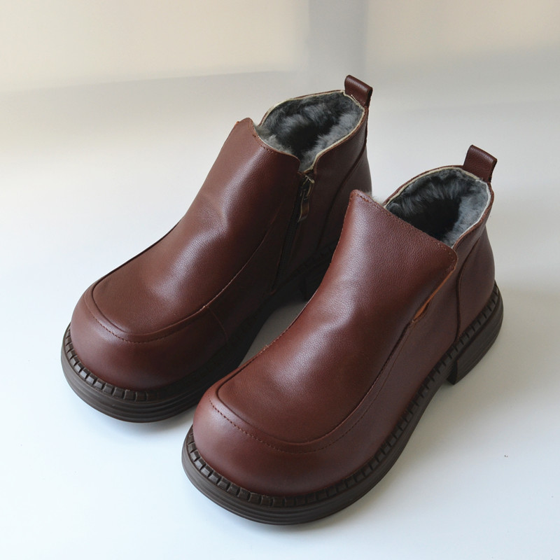 大头宽高帮真皮全羊毛短靴及裸靴外贸妈妈鞋侧拉链女鞋防滑雪地靴