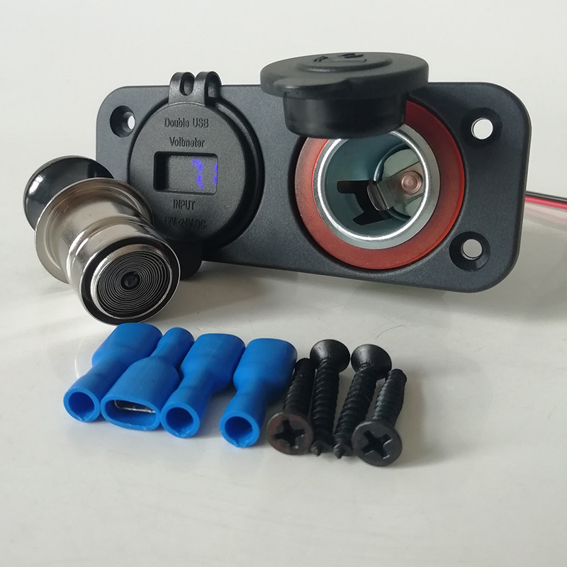 双孔面板汽车载充电器改装USB电压显示蓝灯12V点火器组合房车新品