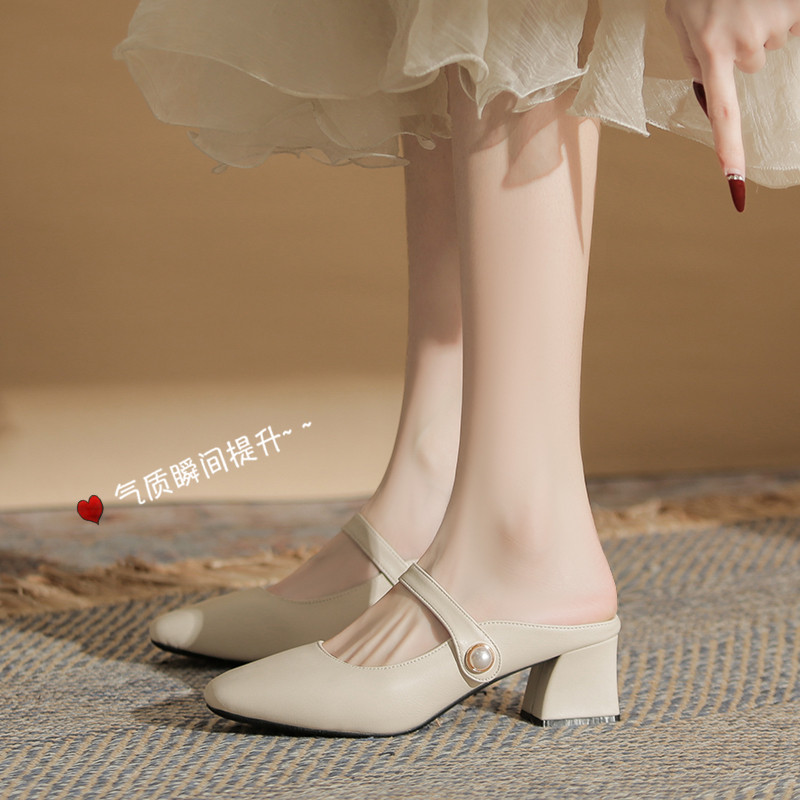 2025夏季新款方头粗跟高跟鞋大码加肥加宽拖鞋凉鞋一脚蹬百搭舒适